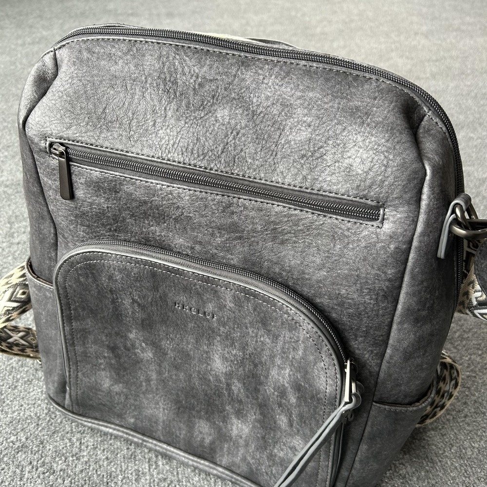 HKCLUB Gray Faux Leather Convertible Backpack Crossbody Bag Pattern Strap